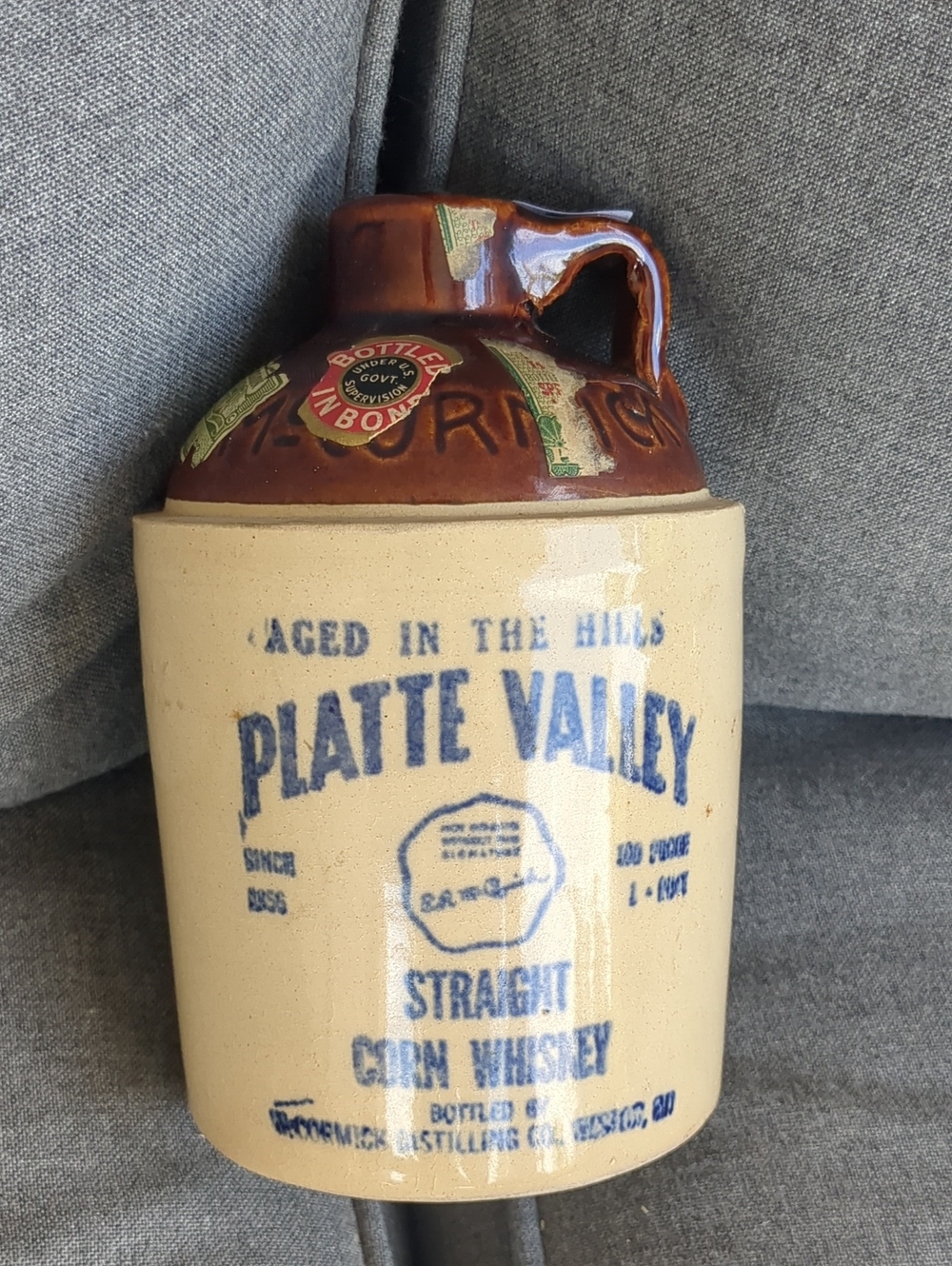 Platte Valley Straight Corn Whiskey Stoneware Jug - Blue on Tan